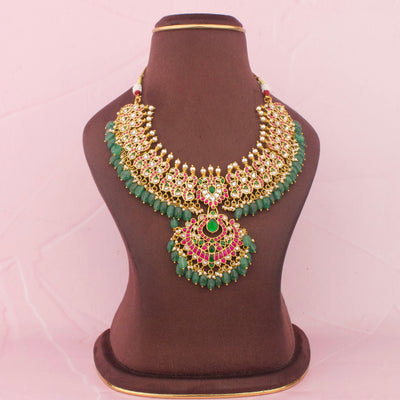 Bridal Jadau Kundan Necklace With Green Hangings