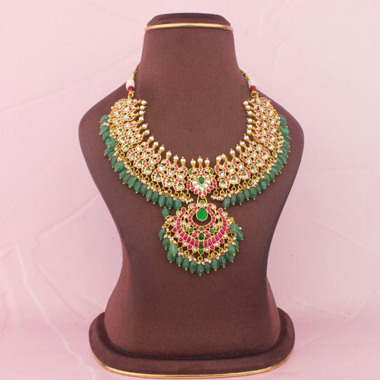 Premium Bridal Jadau Kundan Necklace With Green Hangings adorned with emerald beads
