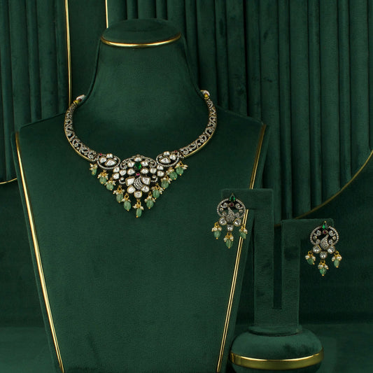 Peacock Victorian Kanti Necklace Set in green colour - DULHAN JEWELS