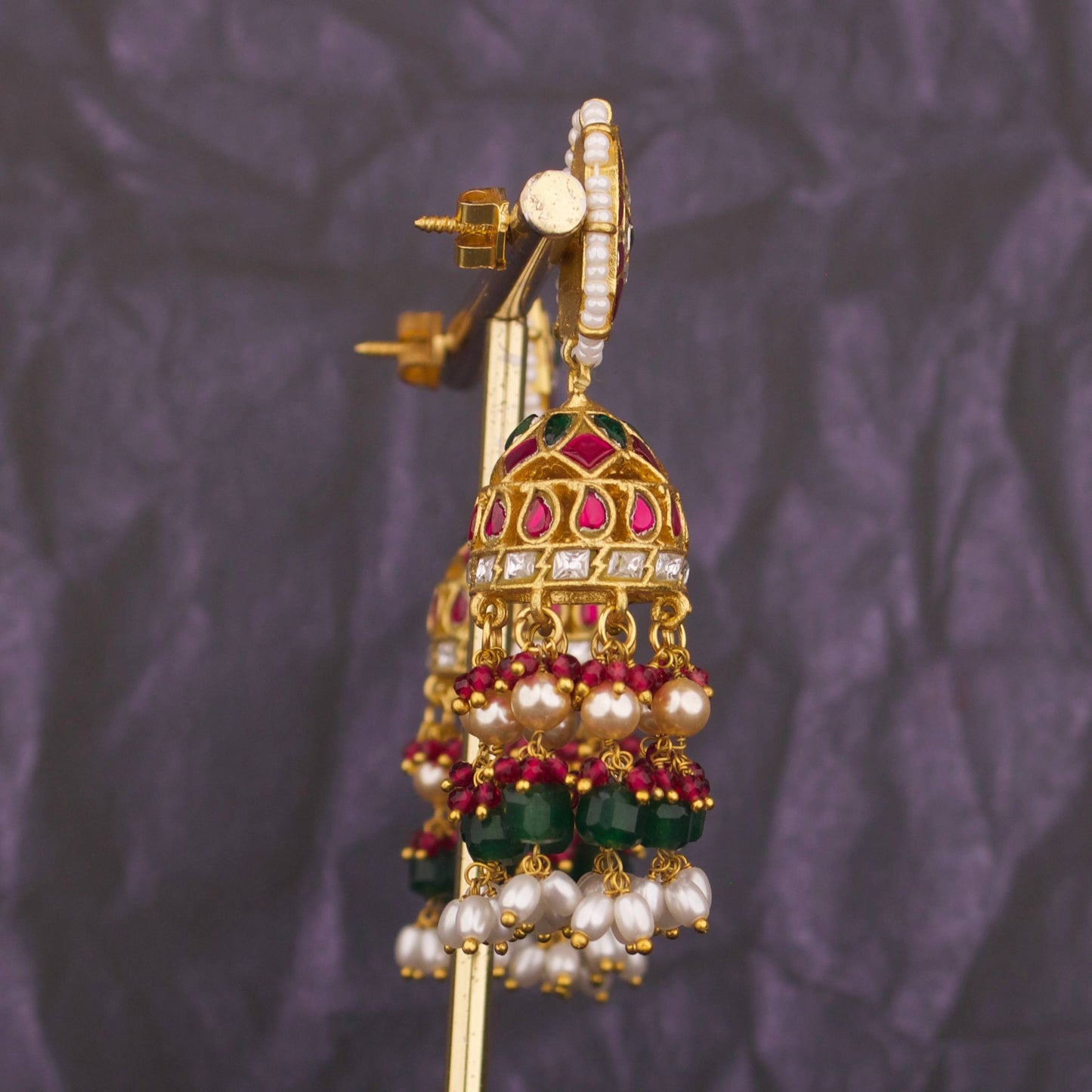 Ethereal Design Studded Jadau Kundan Jhumki with Beads Hanging