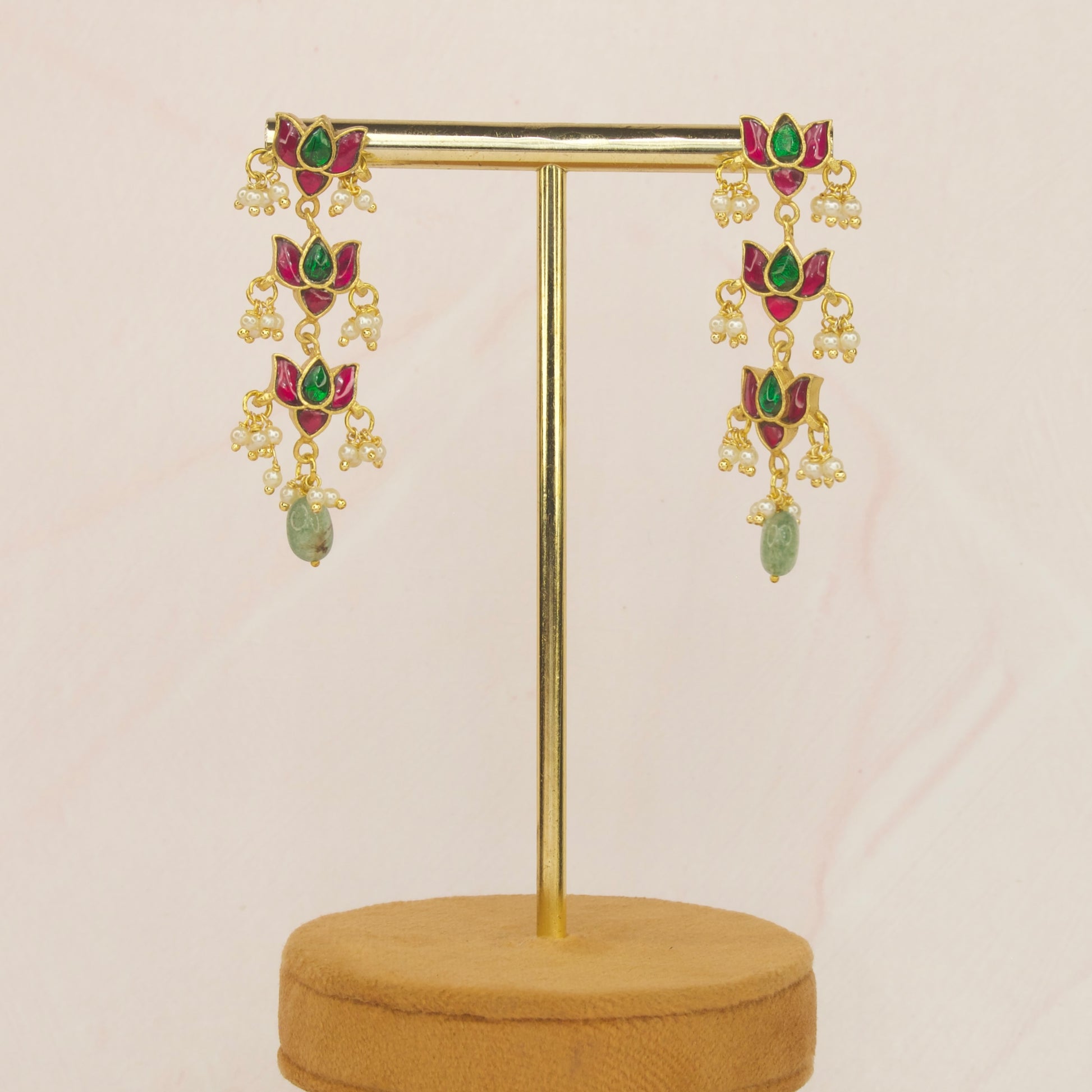 Multi Step Floral Jadau Kundan Hanging Earrings  with 22k gold plating. This Product belongs to Jadau Kundan jewellery Category