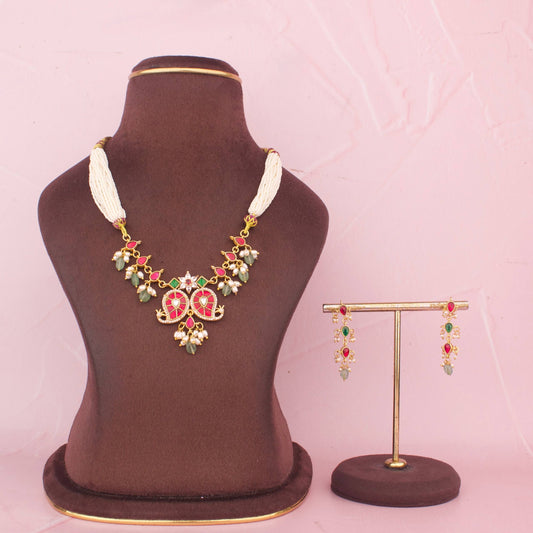 Designer Jadau Kundan Bridal Necklace Set With Pearl Layers