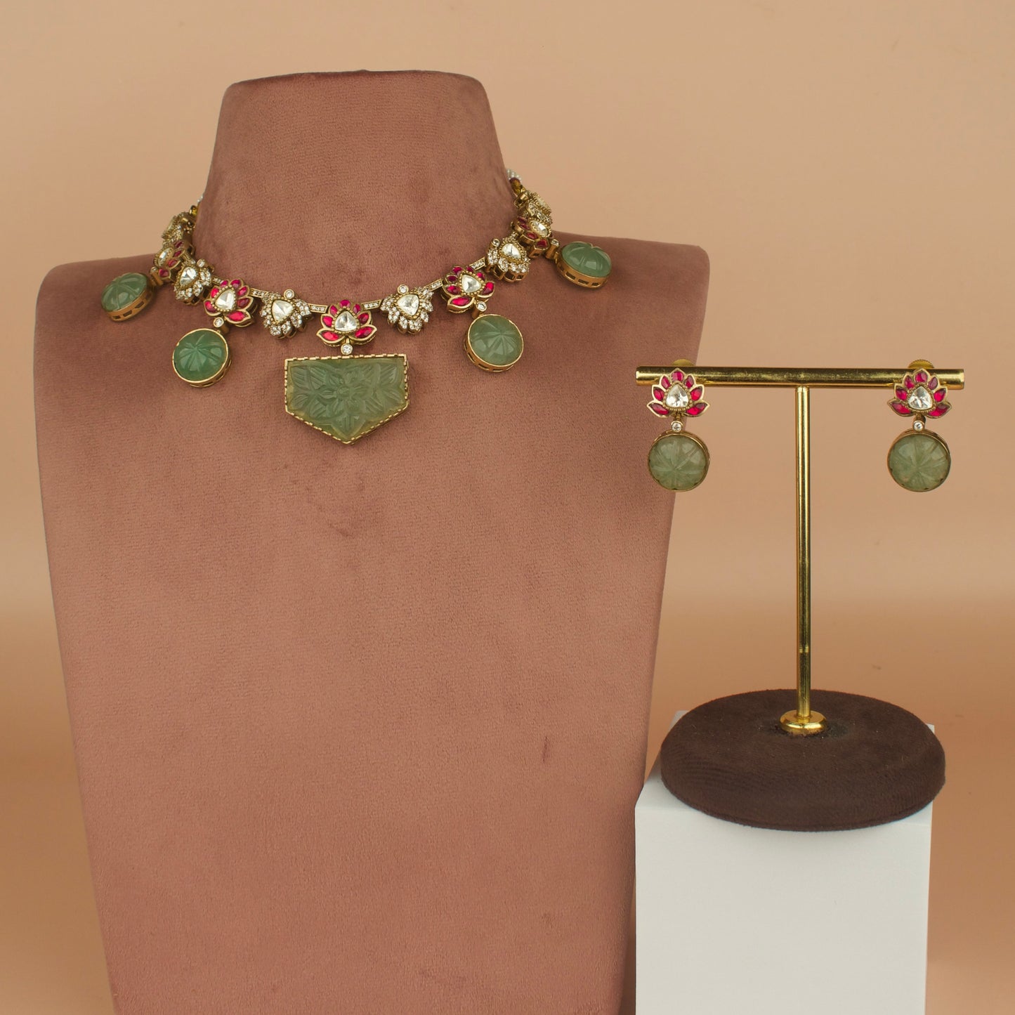 Enchanting Victorian X Jadau Kundan Polki Short Necklace Set with high quality Victorian polish