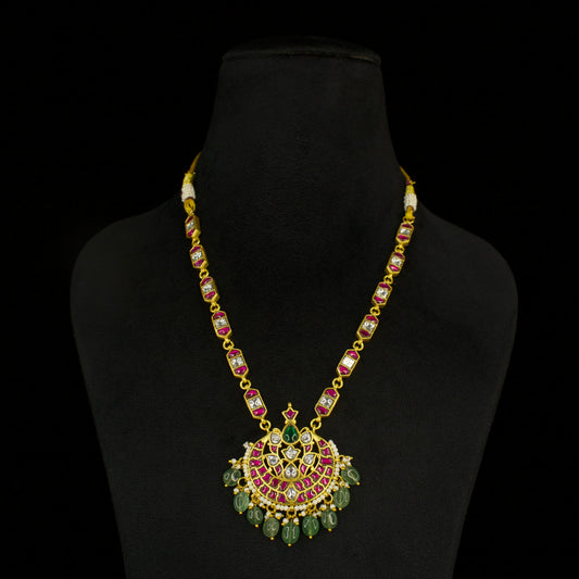 Regal Pink and Green Jadau Kundan Necklace with Beaded Pendant with 22k gold platingThis Product Belongs to Jadau Kundan Jewellery Category
