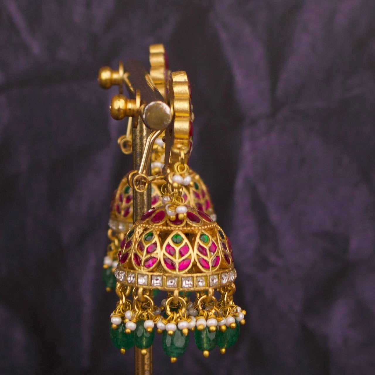 Premium Jadau Kundan Jhumki Earrings With Green Beads Hanging