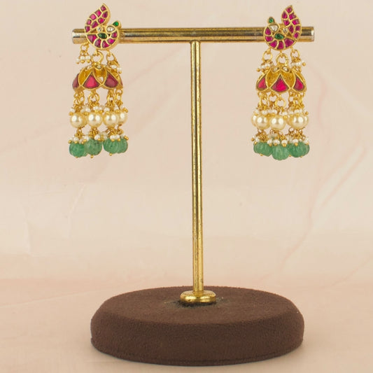 Peacock Design Studded Jadau Kundan Jhumki with Green Beads
