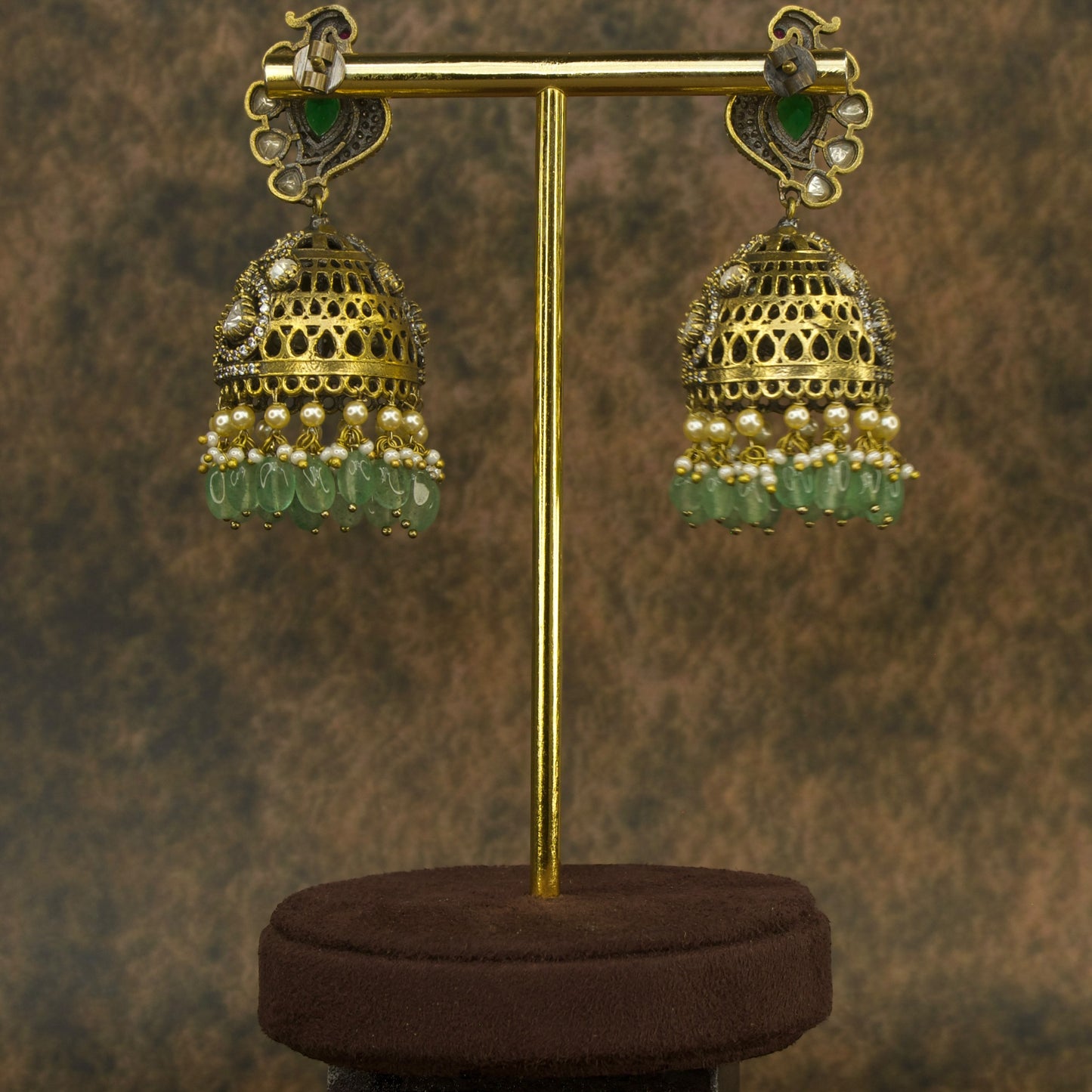 Peacock Studded Victorian Finish Polki Jhumka Earrings