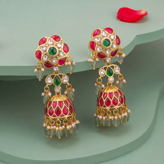 Floral Studded Jadau Kundan Long Jhumk Earrings