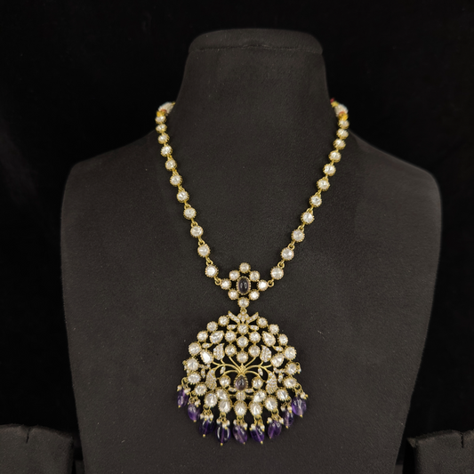 Beautiful Victorian Necklace Set with zircon,moissanite polki stones, pearls, and beads, including matching earrings. Available in Red, and Purple Colour Variants 