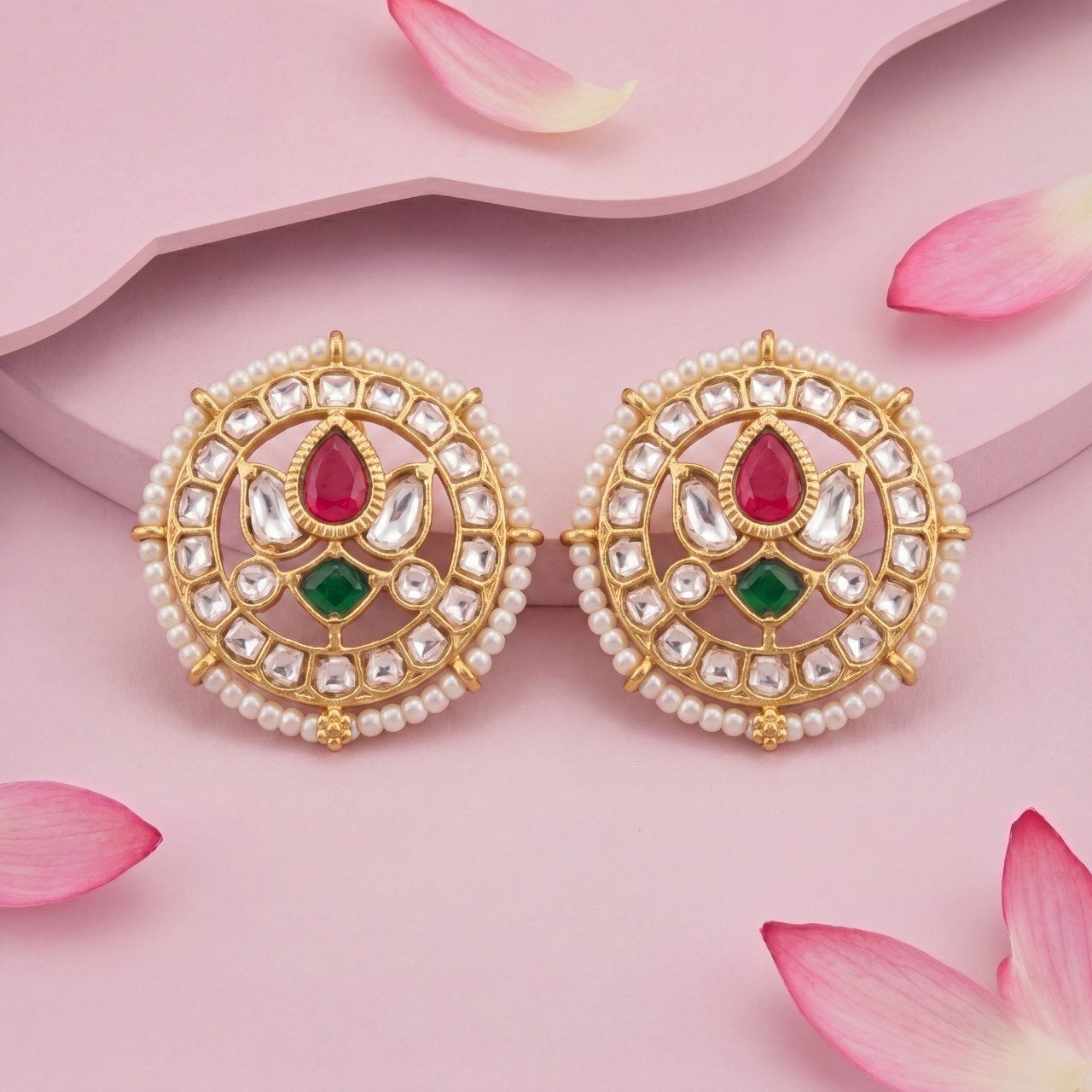 Regal Jadau Kundan Stud Earrings With Pearl Bordering