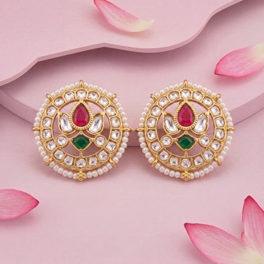 Regal Jadau Kundan Stud Earrings With Pearl Bordering