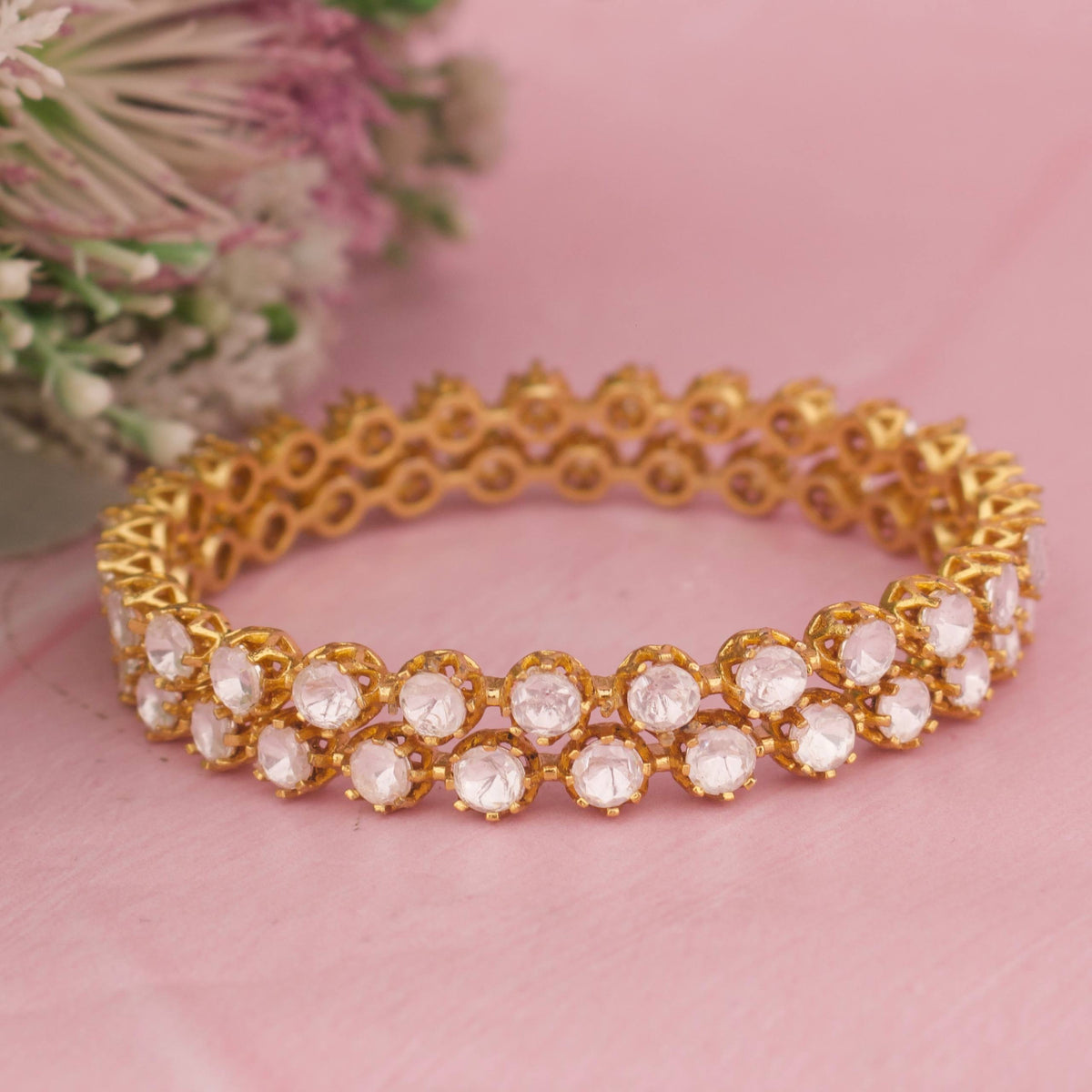 Elegant Moissanite Polki Bangles Styling Angle View 4 - Dulhan Jewels