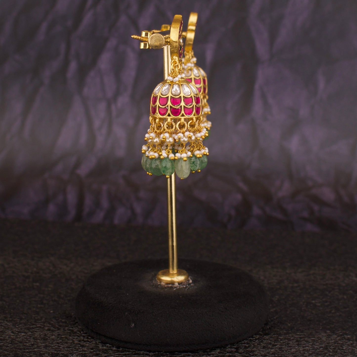 Peacock Studded Jadua Kundan Jhumka Earrings With Triple Step Hangings