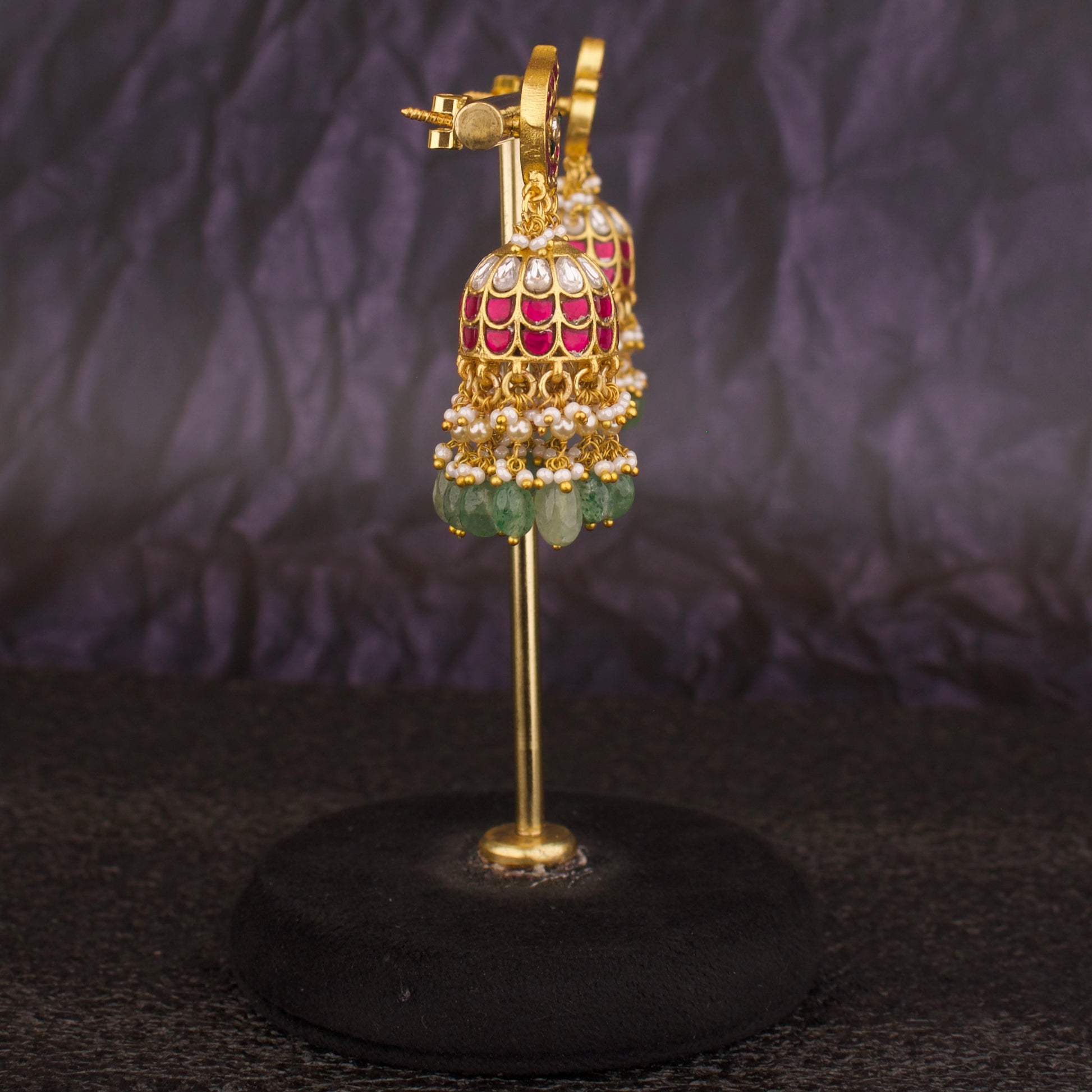 Peacock Studded Jadua Kundan Jhumka Earrings With Triple Step Hangings