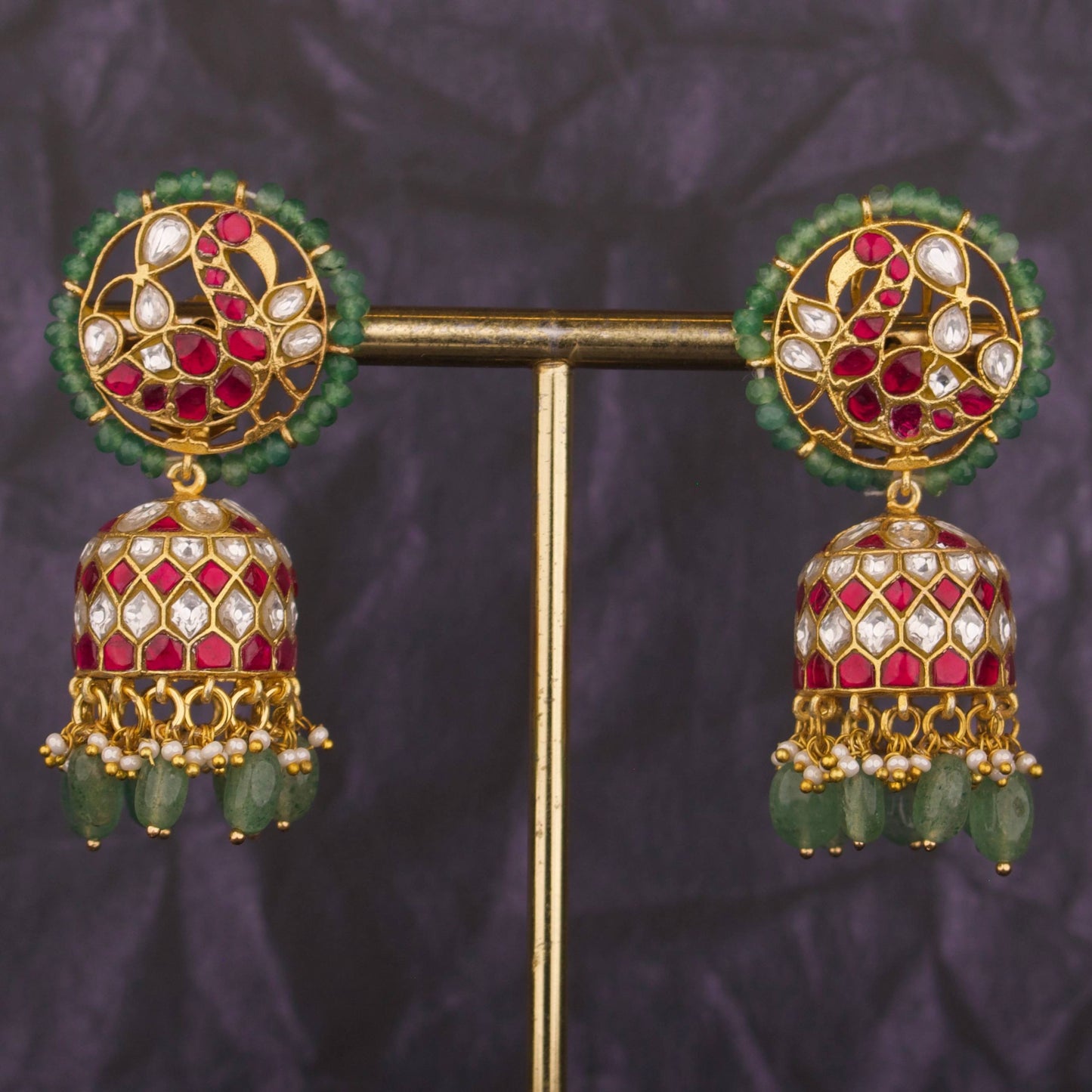 Sparkling Peacock Design Jadau  Kundan Jhumka With Beads Hangings