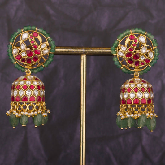 Sparkling Peacock Design Jadau  Kundan Jhumka With Beads Hangings