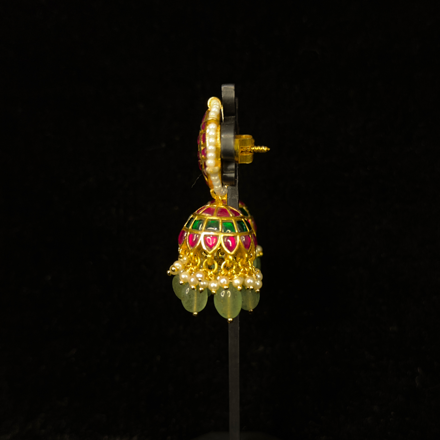 Majestic Floral Jadau Kundan Jhumkas with Pearl and Emerald Beads