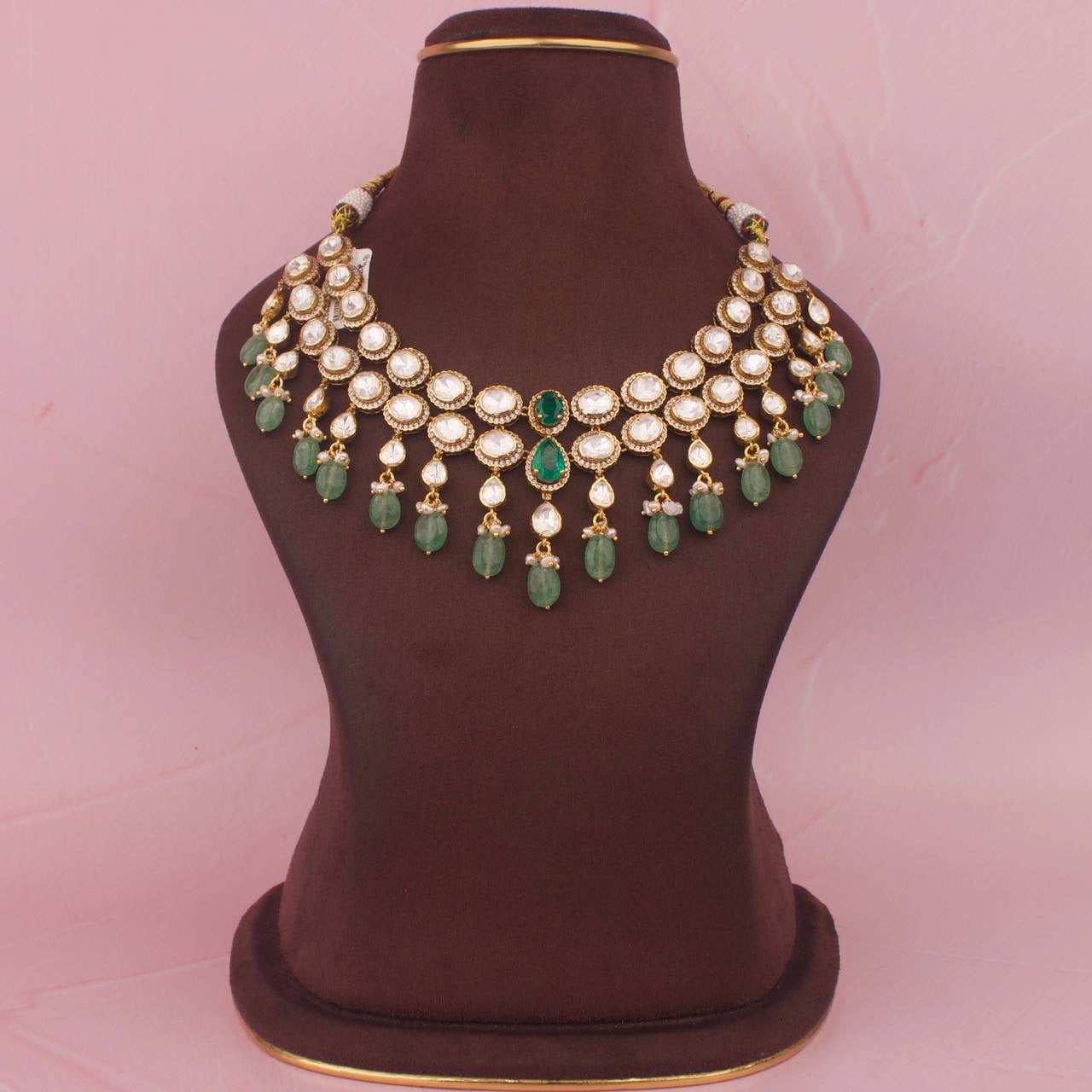 Classic 925 Silver Moissanite Polki Necklace Set With Matching Earrings