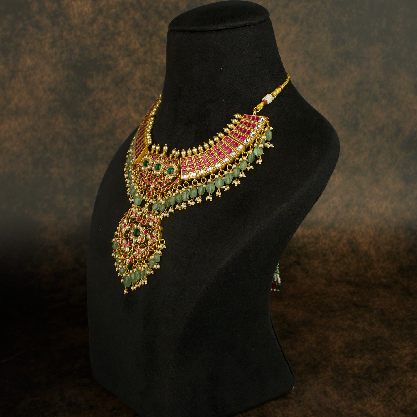 Regal Ruby Emerald Jadau Kundan Necklace with Russian Beads