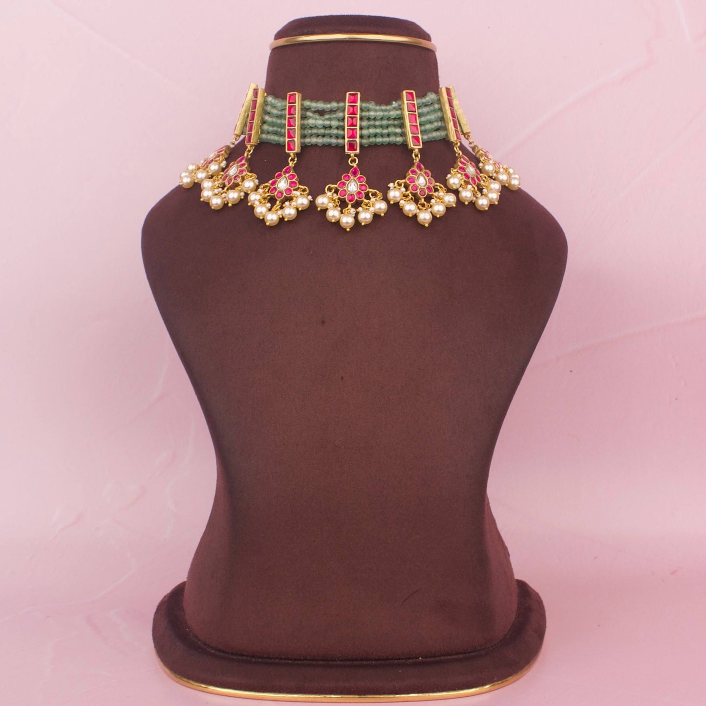Grand Jadau Kundan Beads Choker With Floral Droplets