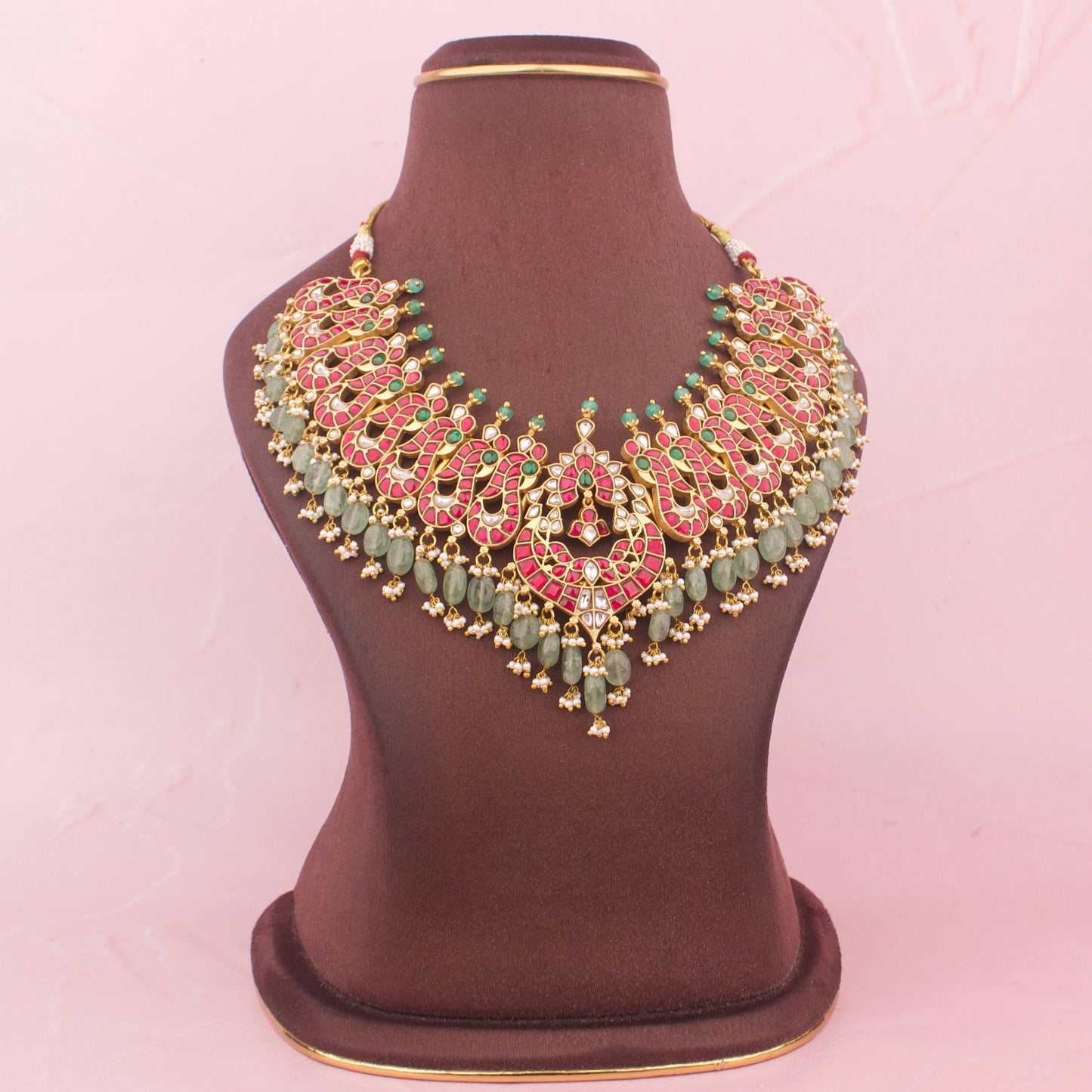 Traditional Indian Design Jadau Kundan Necklace With Green Beads & Pearls Hanging - Premium Indian Ethnic Jewelry | Dulhan Jewels