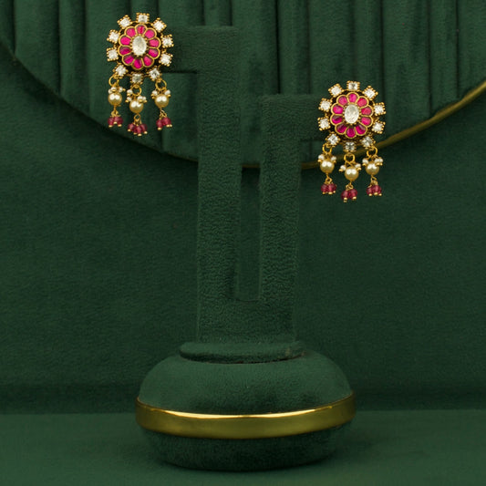Classic Victorian Kundan & Polki  Studs With Pearl & Beads Hanging