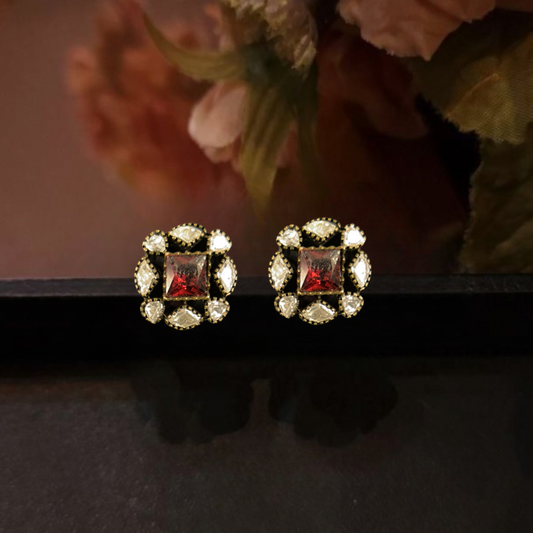 Square-Cut Ruby Victorian screw-back Studs. This Victorian Jewellery is available in a Ruby colour variant. 