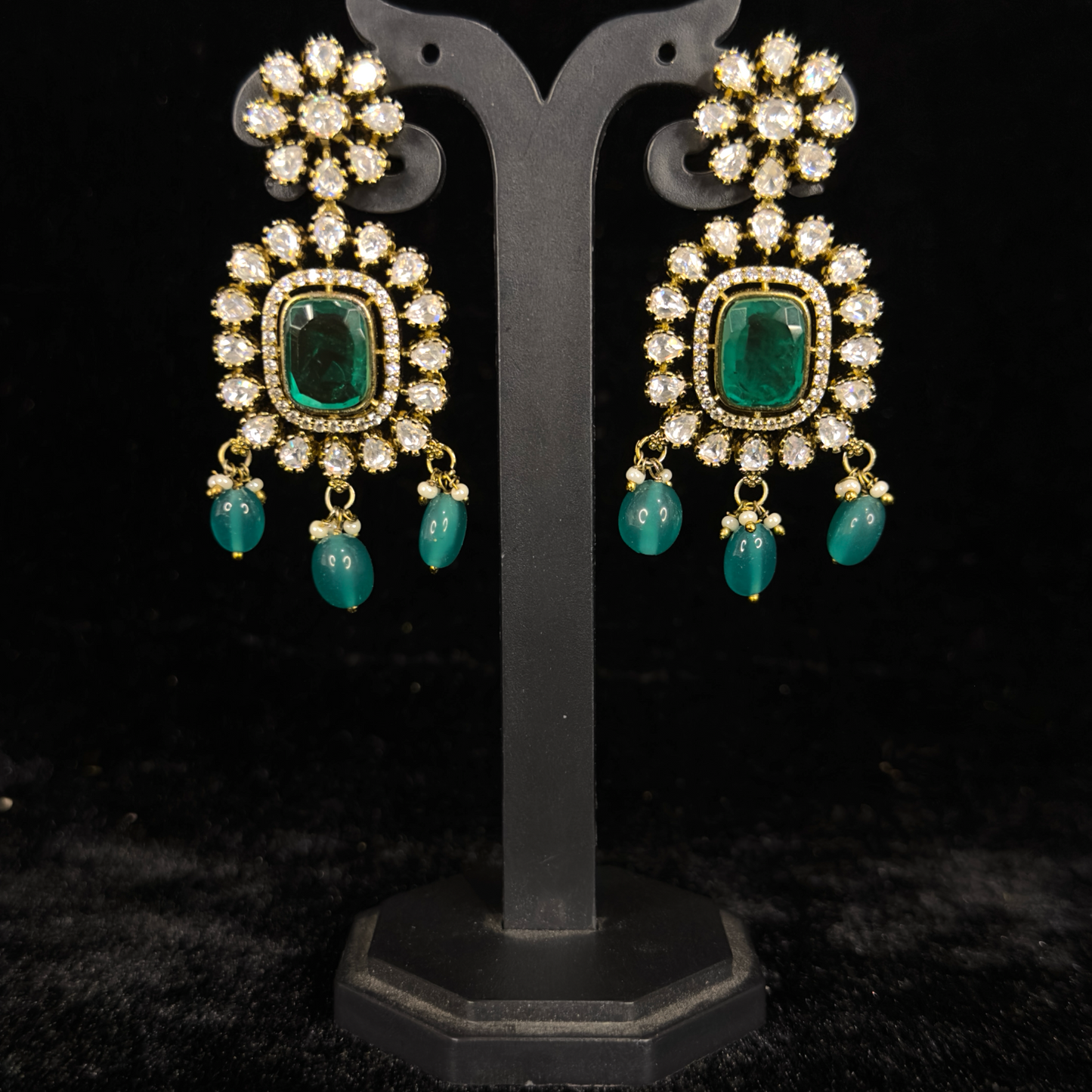Exquisite Victorian Polki Earrings with onyx beads