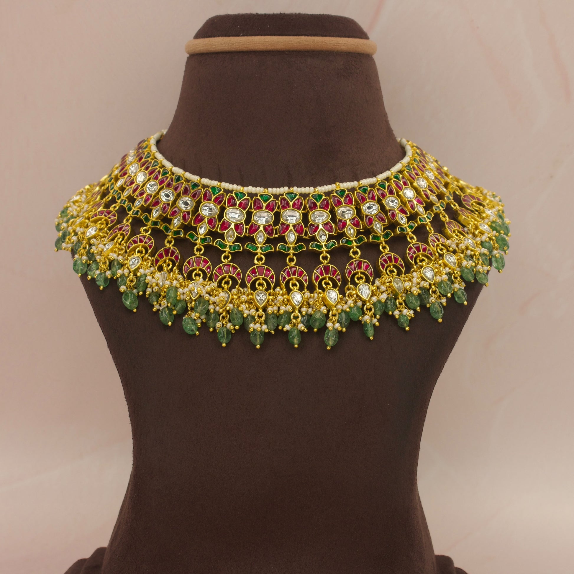 Bridal jadau kundan choker with bead hangings with 22k gold plating