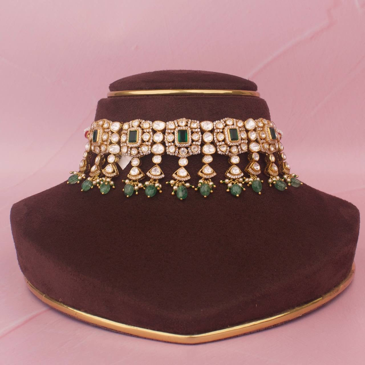 Sleek Moissanite Polki 925 Silver Choker In 22k Gold Plating