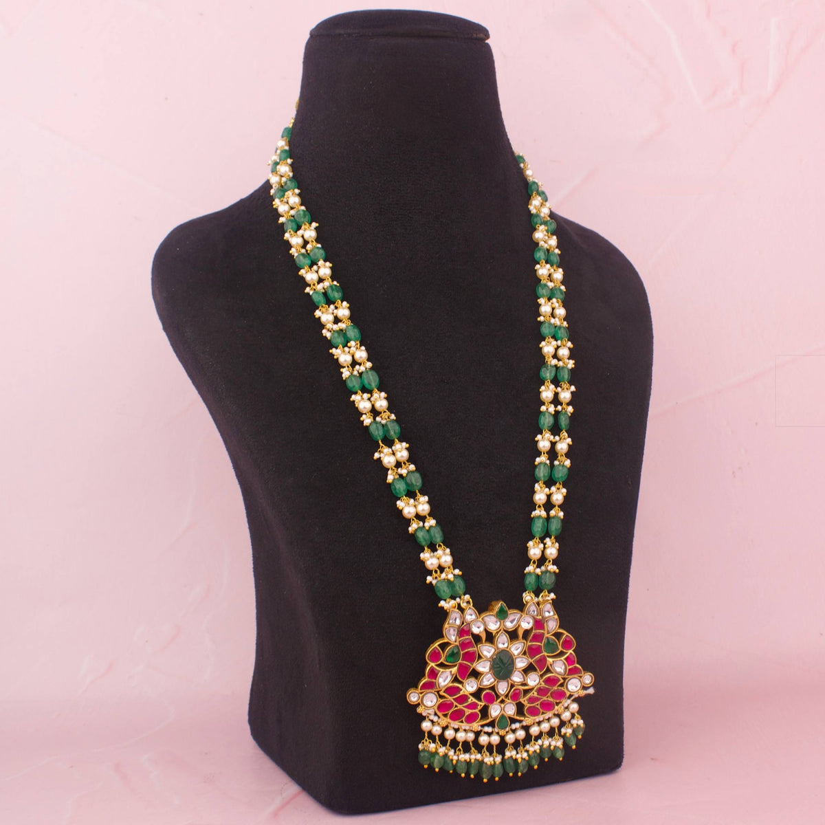 Jadau Kundan Necklace With Emerald Beads And Floral Pendant - Alternate View 1