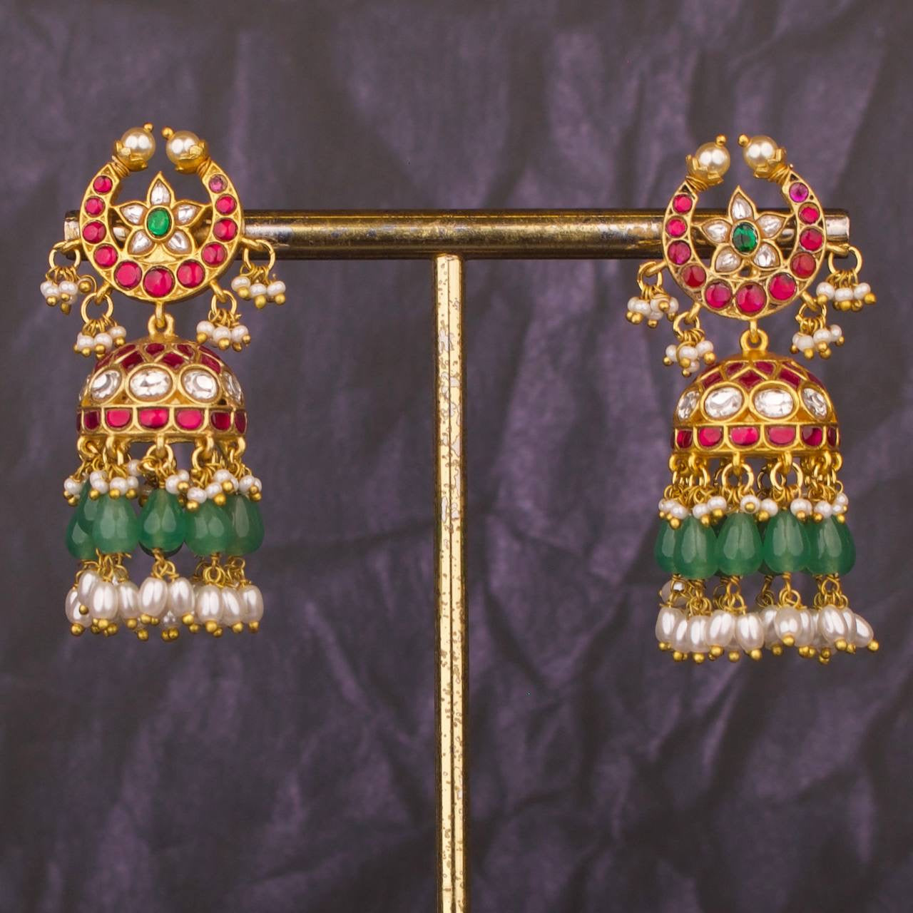 Chand Shaped Jadau Kundan Jhumki With Guttapusalu Hangings