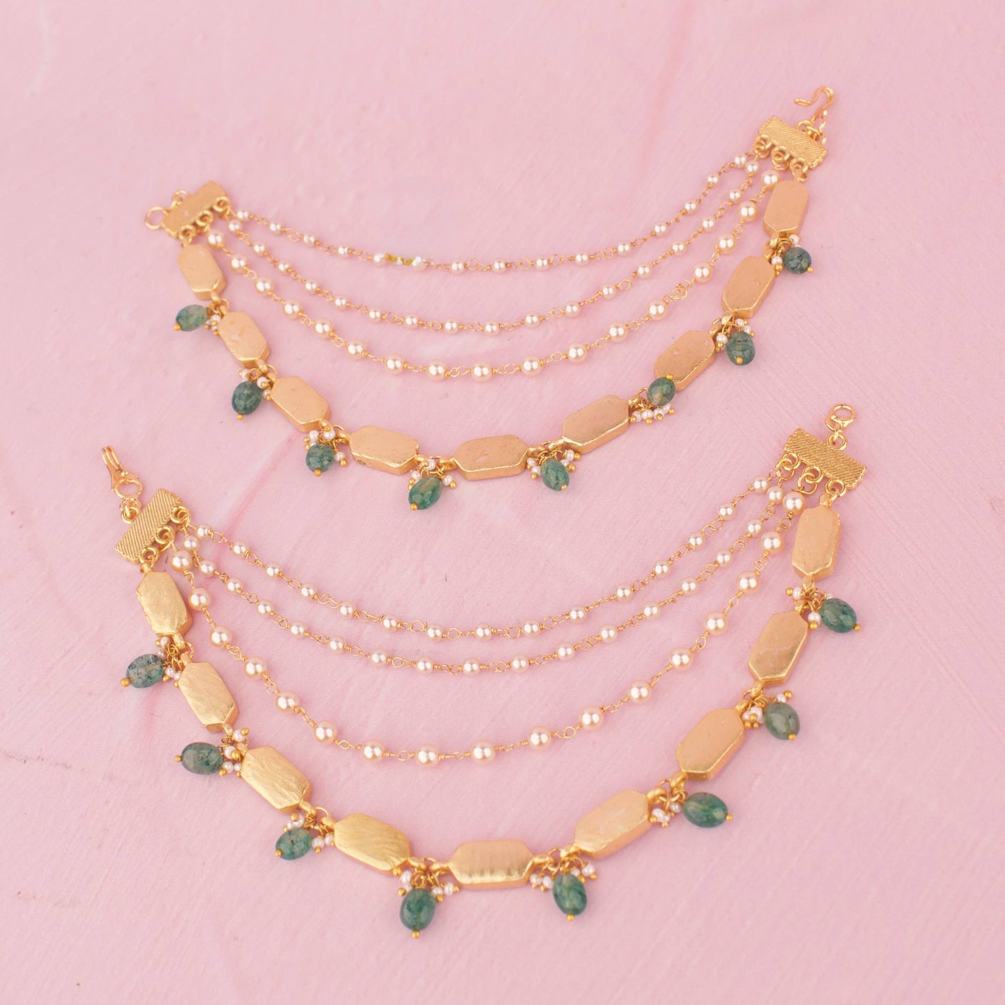 Jadau Kundan Ear Chain With Pearl Layers And Green Drops