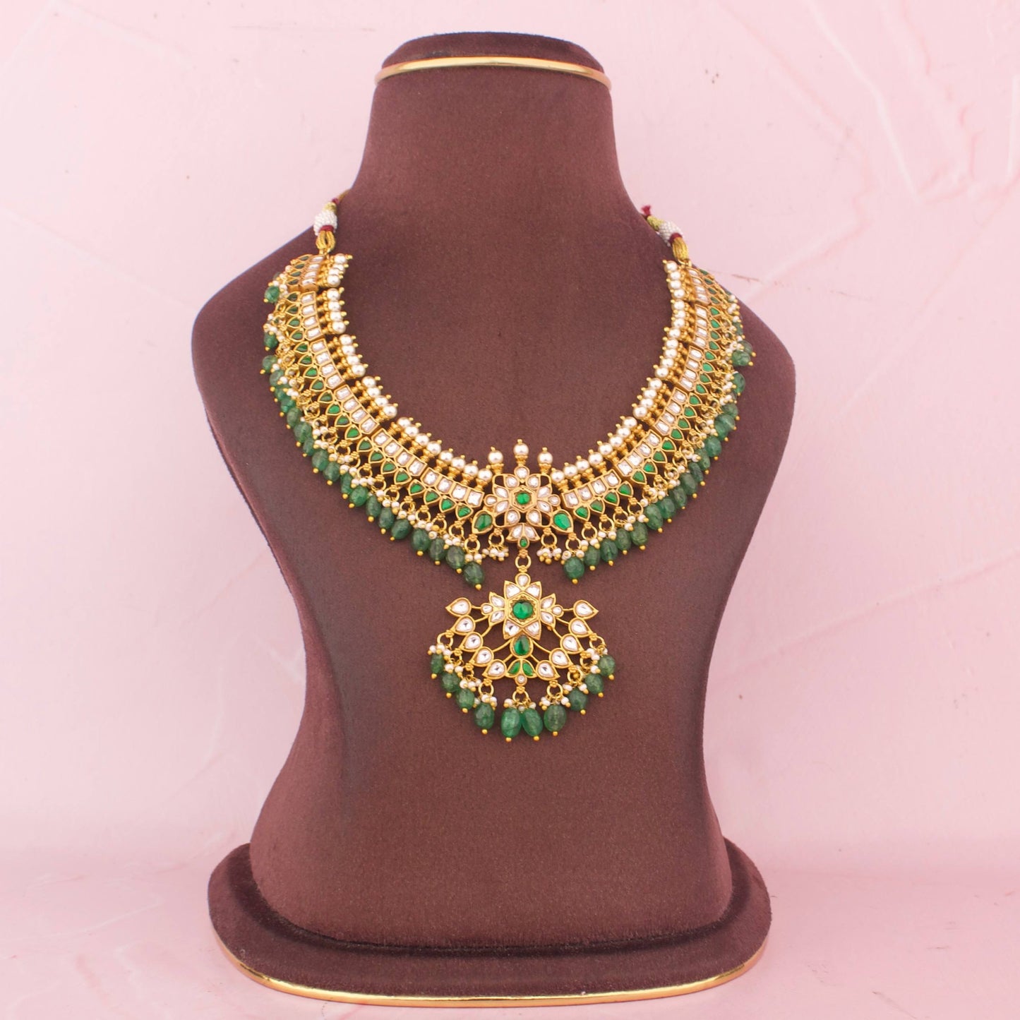 Royal Jadau Kundan Necklace With Green Beads - Alternate View 2