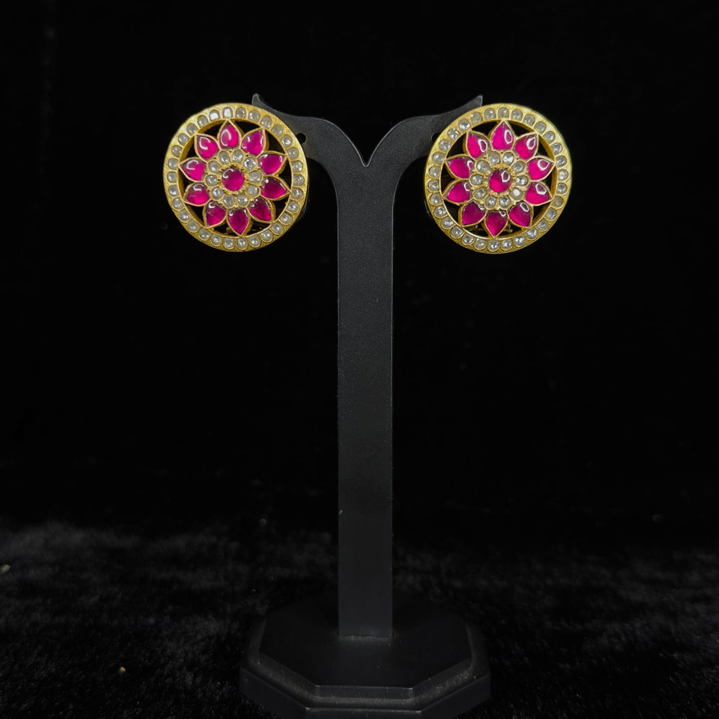 Elegant Ruby Flower Jadau Kundan stud Earrings
