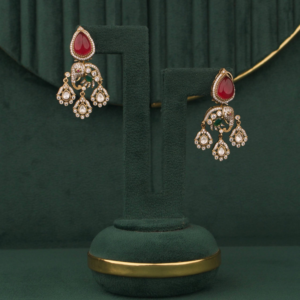 Navratan Victorian Polki Necklace Set With Matching Earrings Styling Angle View 4 - Dulhan Jewels