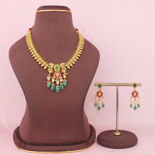 Antique Temple Necklace Set With Emerald Beads And Earrings - Premium Indian Ethnic Jewelry | Dulhan Jewels