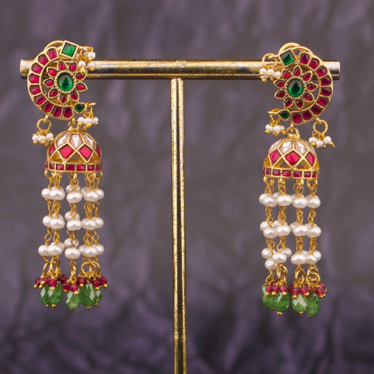 Exquisite Jadau Kundan Long Jhumki With Pearls & Green Drops