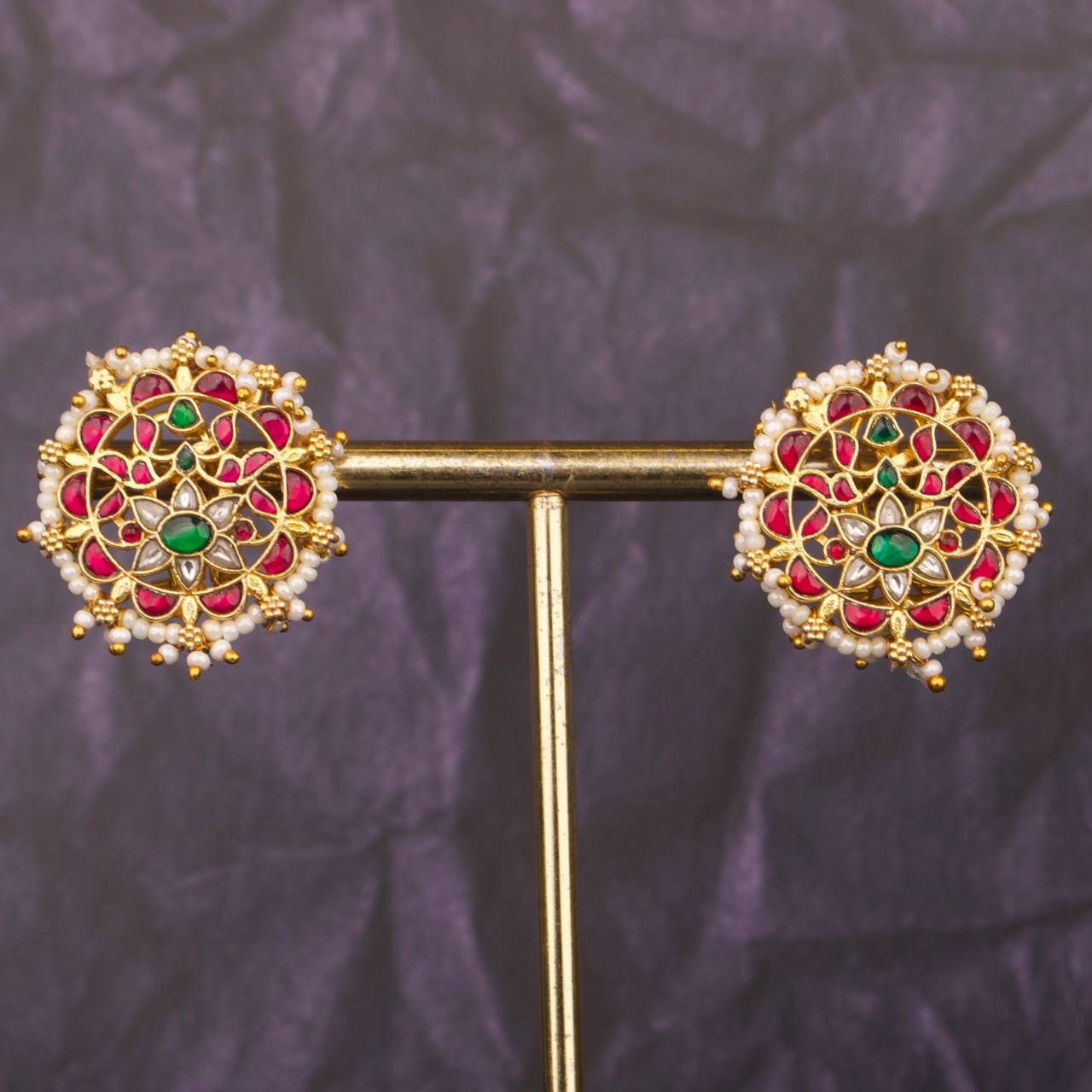 Floral Design Jadau Kundan Stud Earrings With Pearl Bordering