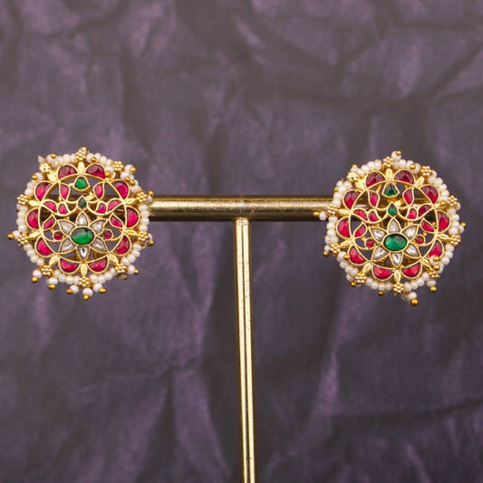 Floral Design Jadau Kundan Stud Earrings With Pearl Bordering