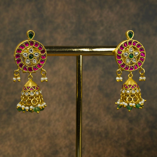 Real Gold Look Jadau Kundan Jhumkas with 22k gold plating. This product Belongs in Jadau Kundan Jewellery category