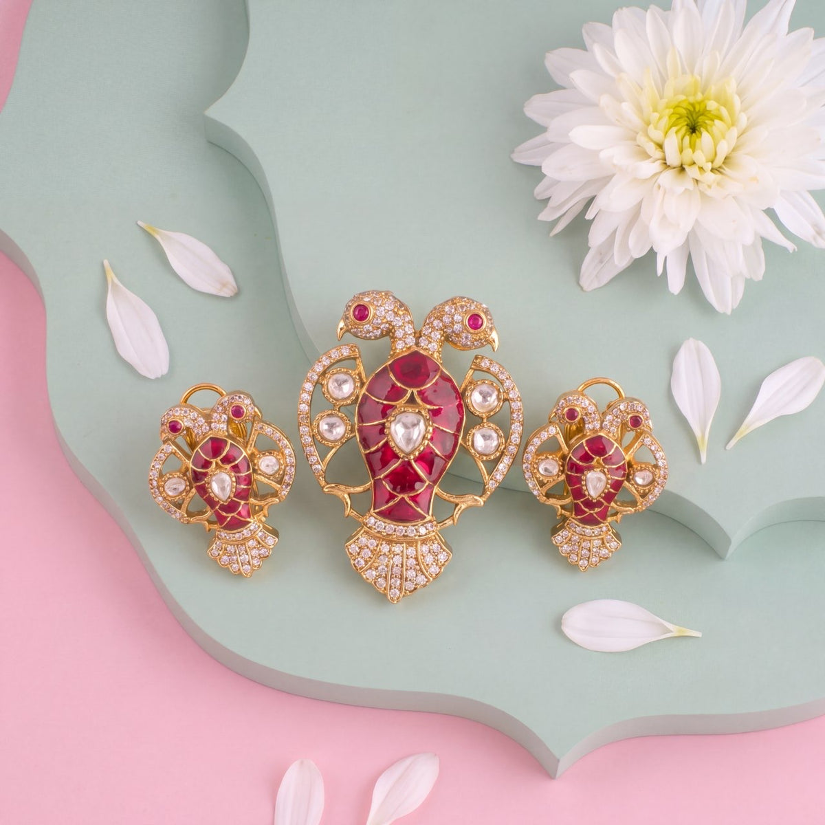 Victorian Polki Ruby Pendant Set With Earrings - Handcrafted Indian Bridal Jewelry by Dulhan Jewels