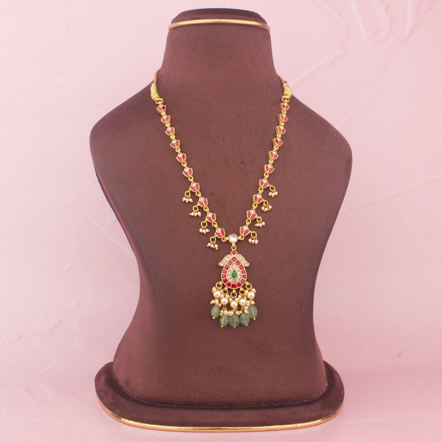 Dainty Jadau Kundan Necklace With Ruby And Emerald Beads