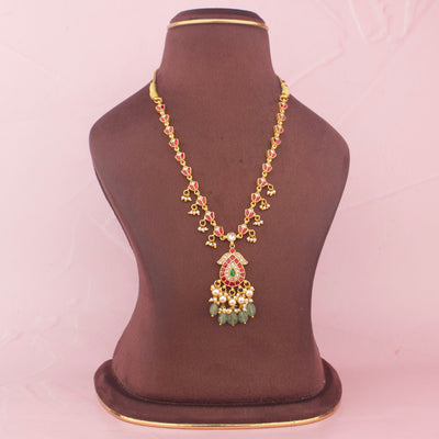 Dainty Jadau Kundan Necklace With Ruby And Emerald Beads