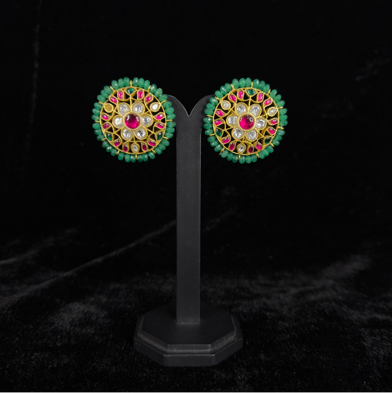 Beautiful Jadau Kundan Flower Stud Earrings with Green Beads