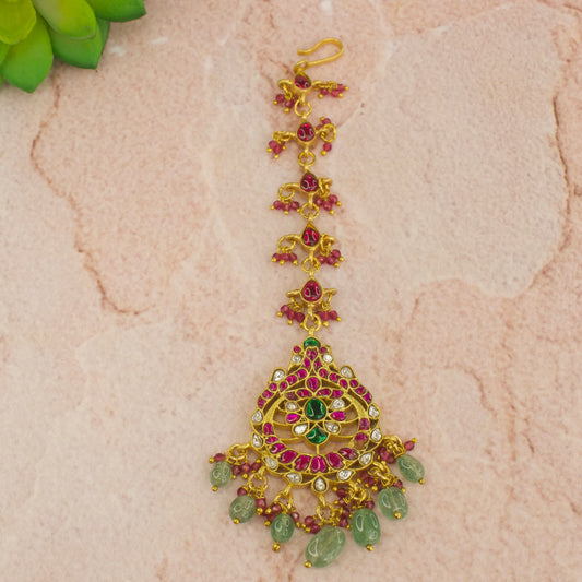 Multicolour Gold Plated Kundan Maang Tikka