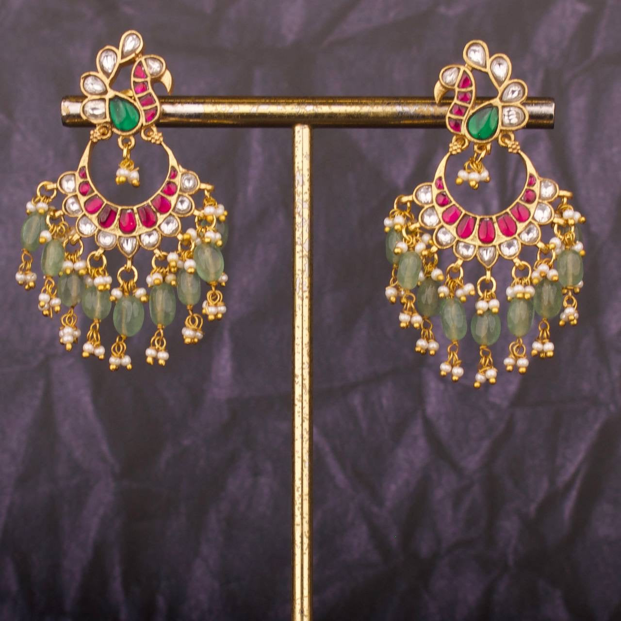 Peacock Studded Jadau Kundan Chandbali with Pearl & Beads Hanging