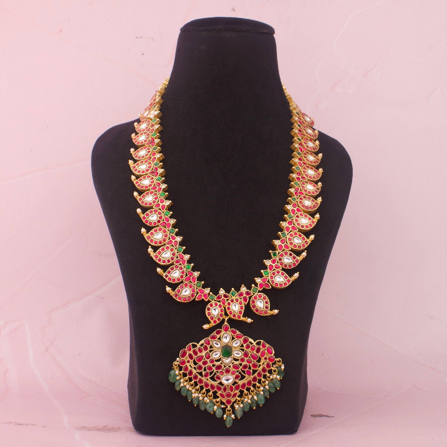 Traditional Jadau Kundan Reversible Mango Haram With Emerald Beads