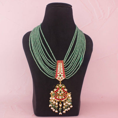 Multilayer Green Beads Mala With Royal Kundan Pendant