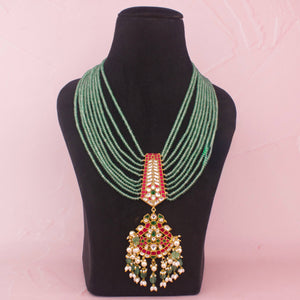 Multilayer Green Beads Mala With Royal Kundan Pendant